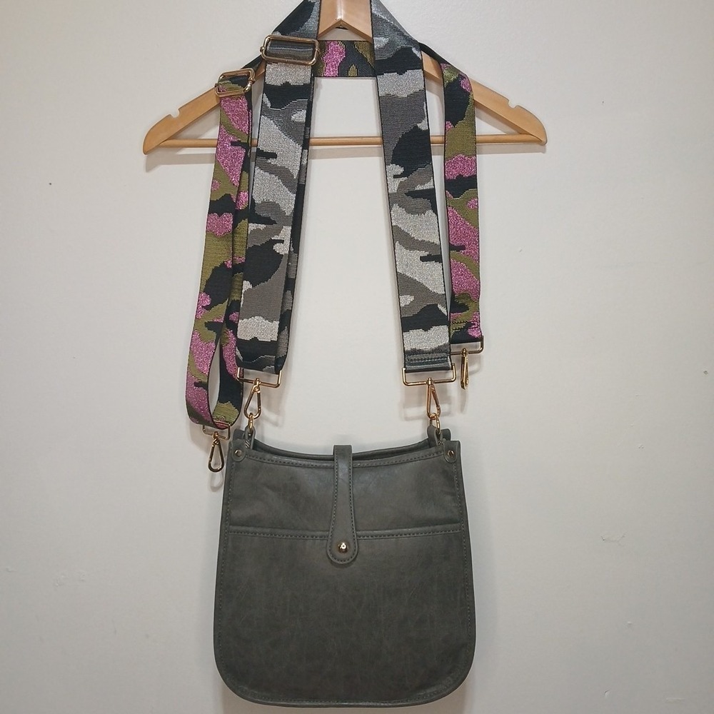 Threaded Pear Gray Faux Leather Crossbody w/ Two Camo Straps Gold Hardware NWOT!